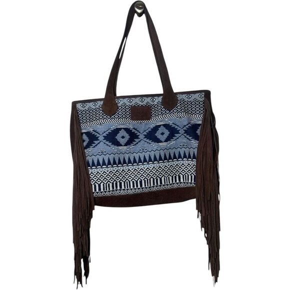 Ariat Madison Woven Concealed Carry Blue Brown Tote Bag Aztec Suede Fringe Large - Picture 1 of 10